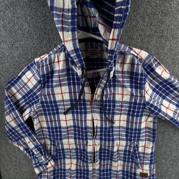 L.L. Bean Women Plaid Flannel Hoodie Soft Blue White Small Petite PS Full Zip - Picture 1 of 16